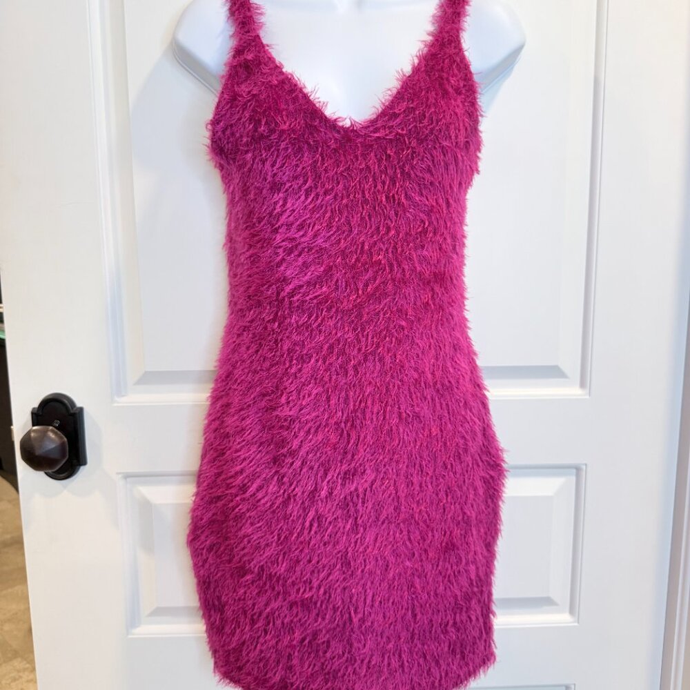 CEFIAN Fuchsia Fuzzy Eyelash Knit Bodycon Mini Dress Size L - Picture 2 of 15